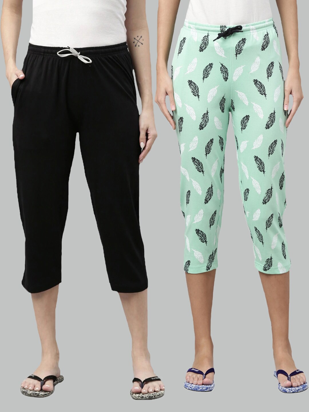 

Kryptic Women Pack of 2 Black & Sea Green Printed Pure Cotton Capris