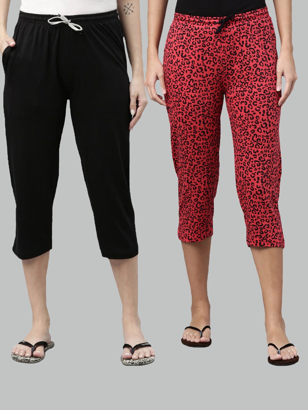 

Kryptic Women Black & Fuchsia Pack Of 2 Pure Cotton Printed Capris