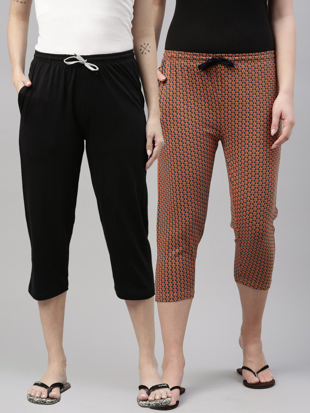 

Kryptic Women Set Of 2 Black & Brown Slim Fit Printed Cotton Capris