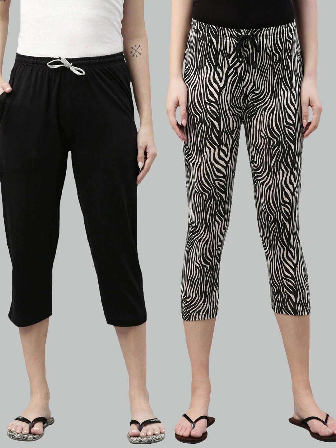 

Kryptic Women Pack of 2 Black & Beige Printed Cotton Capris