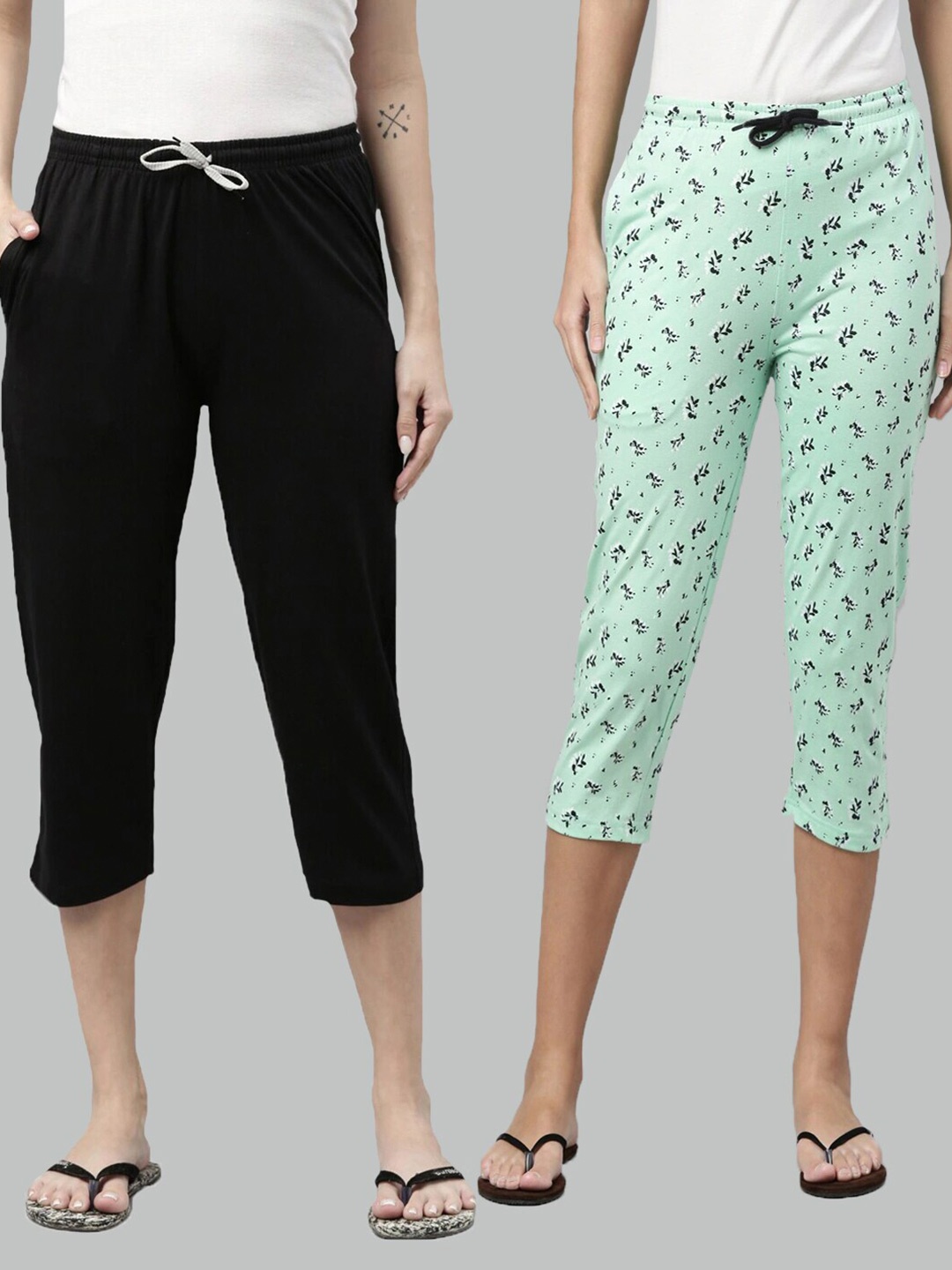 

Kryptic Women Black & Green Pack of 2 Printed Cotton Capris