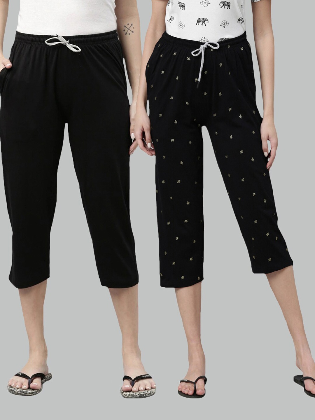 

Kryptic Women Pack Of 2 Printed Cotton Lounge Capris, Black