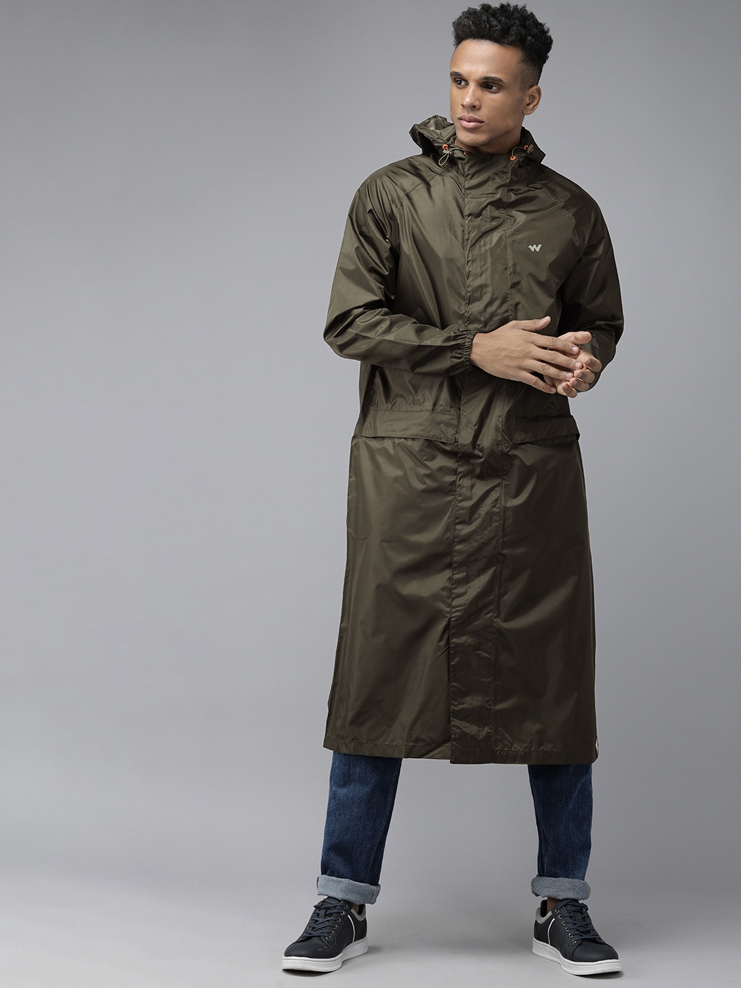 

Wildcraft Men Olive Green Solid Hooded Waterproof Rain Jacket