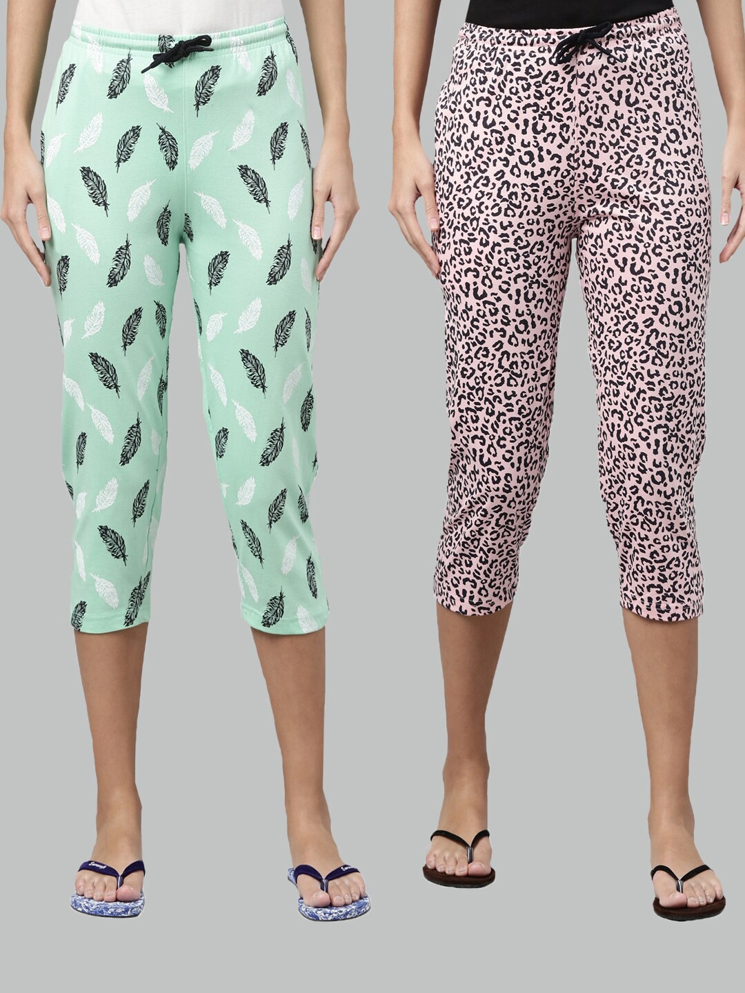 

Kryptic Women Pack of 2 Green & Pink Printed Pure Cotton Capris