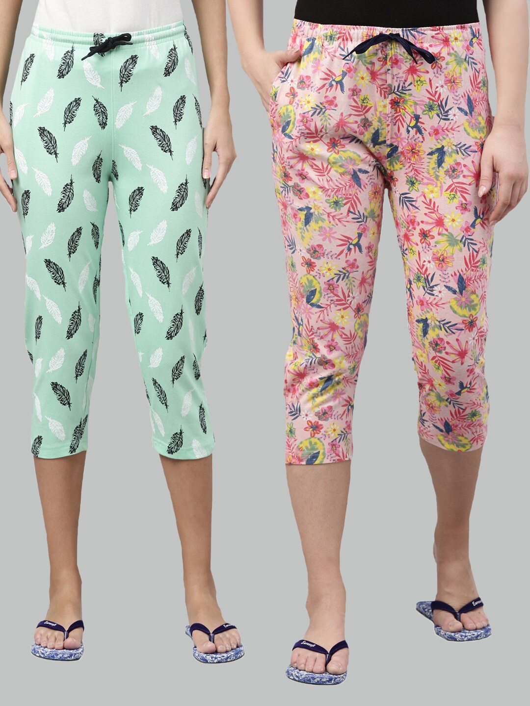 

Kryptic Women Green & Pink Set Of 2 Pure Cotton Printed Capris