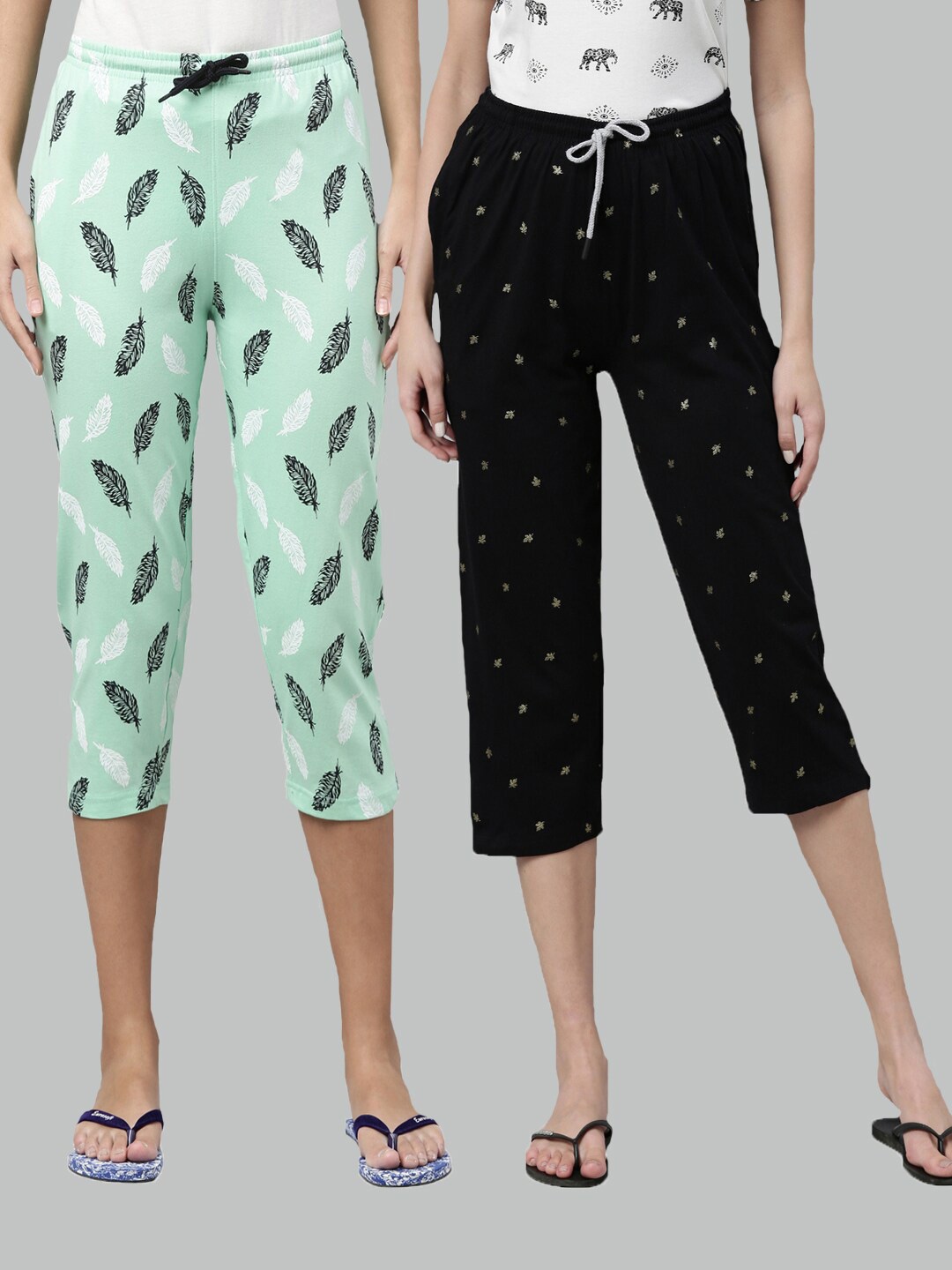 

Kryptic Women Pack of 2 Green & Black Printed Pure Cotton Capris