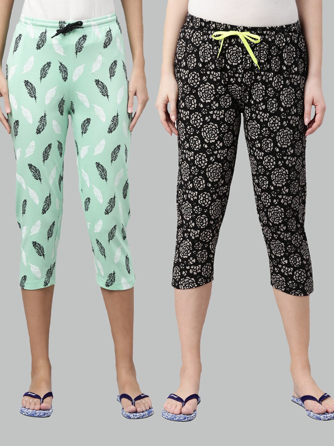 

Kryptic Women Green & Black Set of 2 Printed Cotton Capris