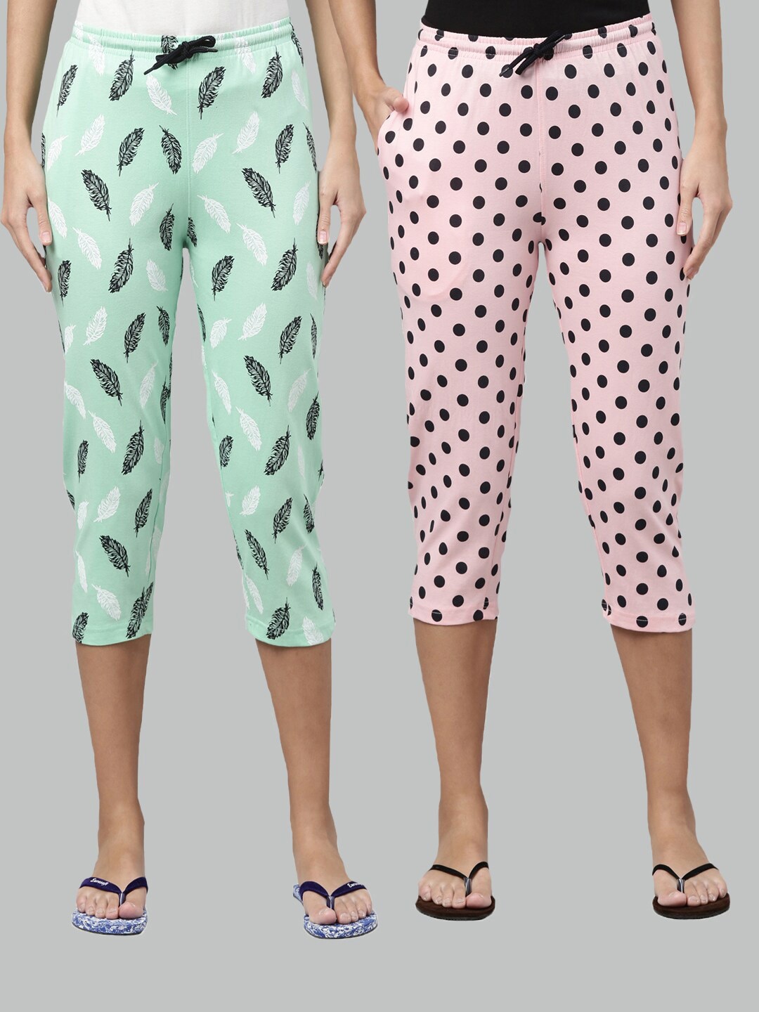 

Kryptic Women Green & Pink Set Of 2 Pure Cotton Printed Capris