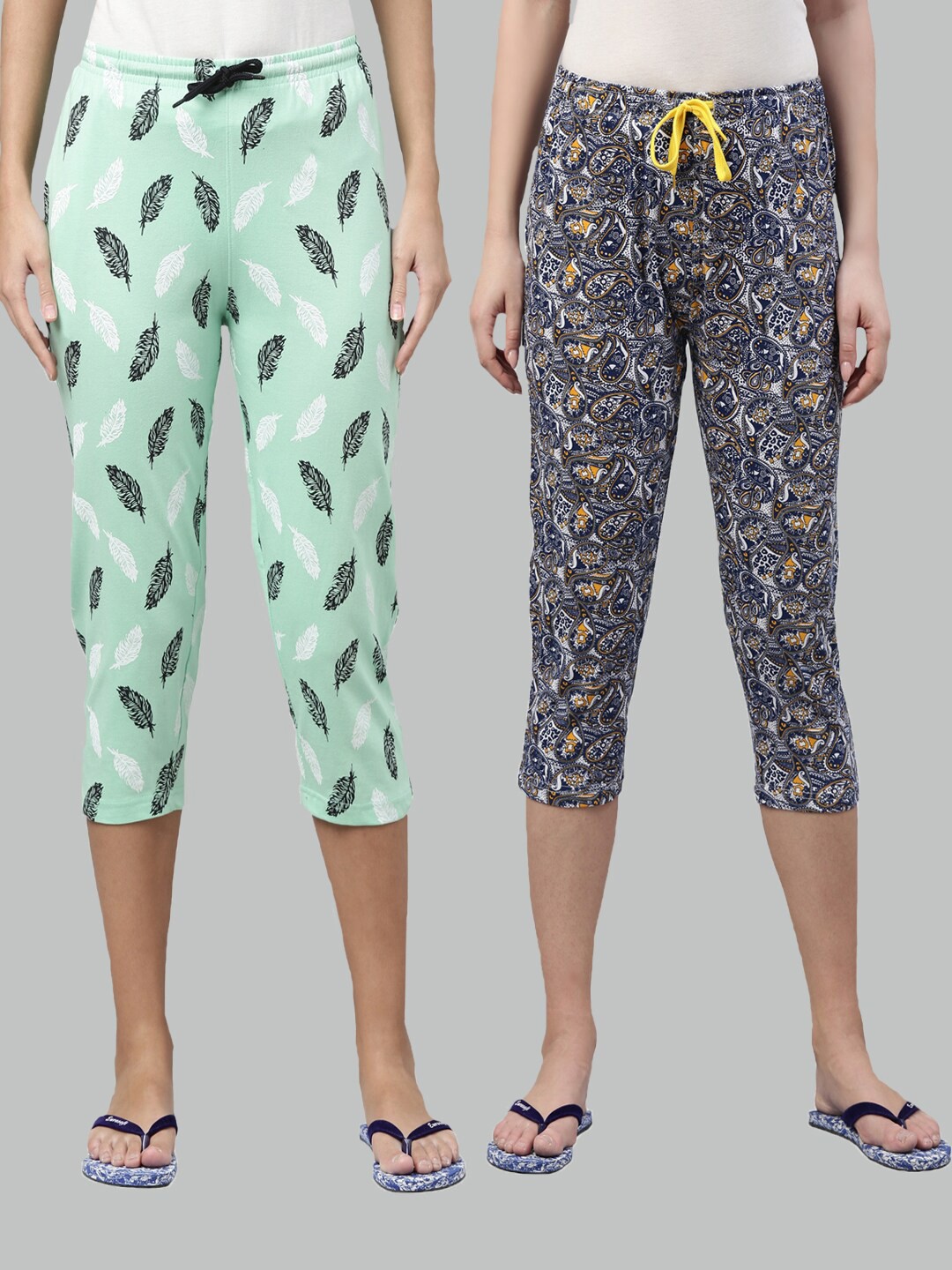 

Kryptic Women Pack of 2 Sea Green & Blue Printed Pure Cotton Capris