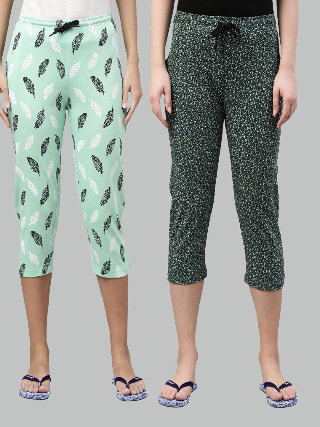 

Kryptic Women Set Of 2 Green Printed Slim Fit Cotton Capris