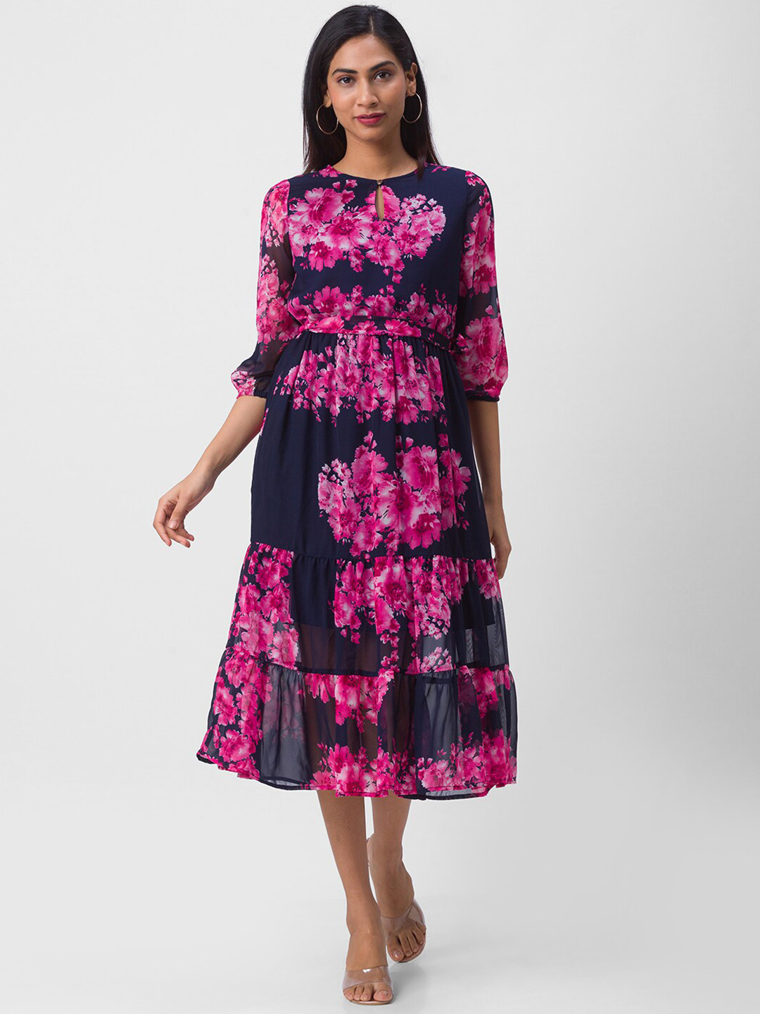 

Globus Navy Blue & Pink Floral Georgette Midi Dress