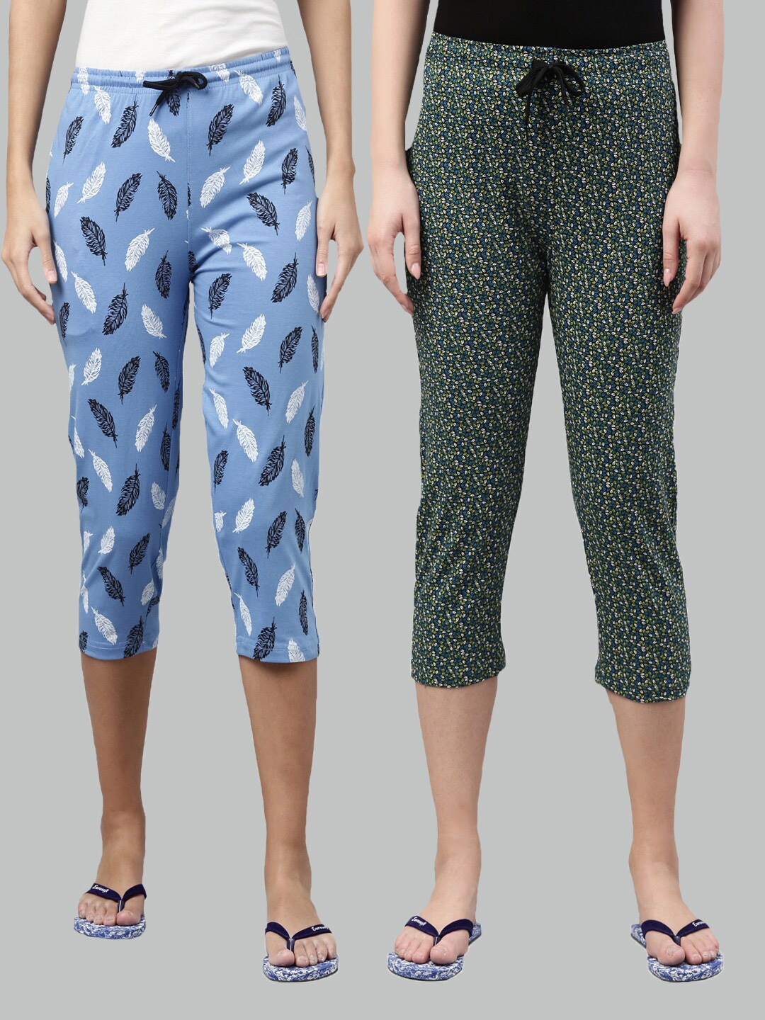 

Kryptic Women Blue & Olive Green Set of 2 Printed Cotton Capris