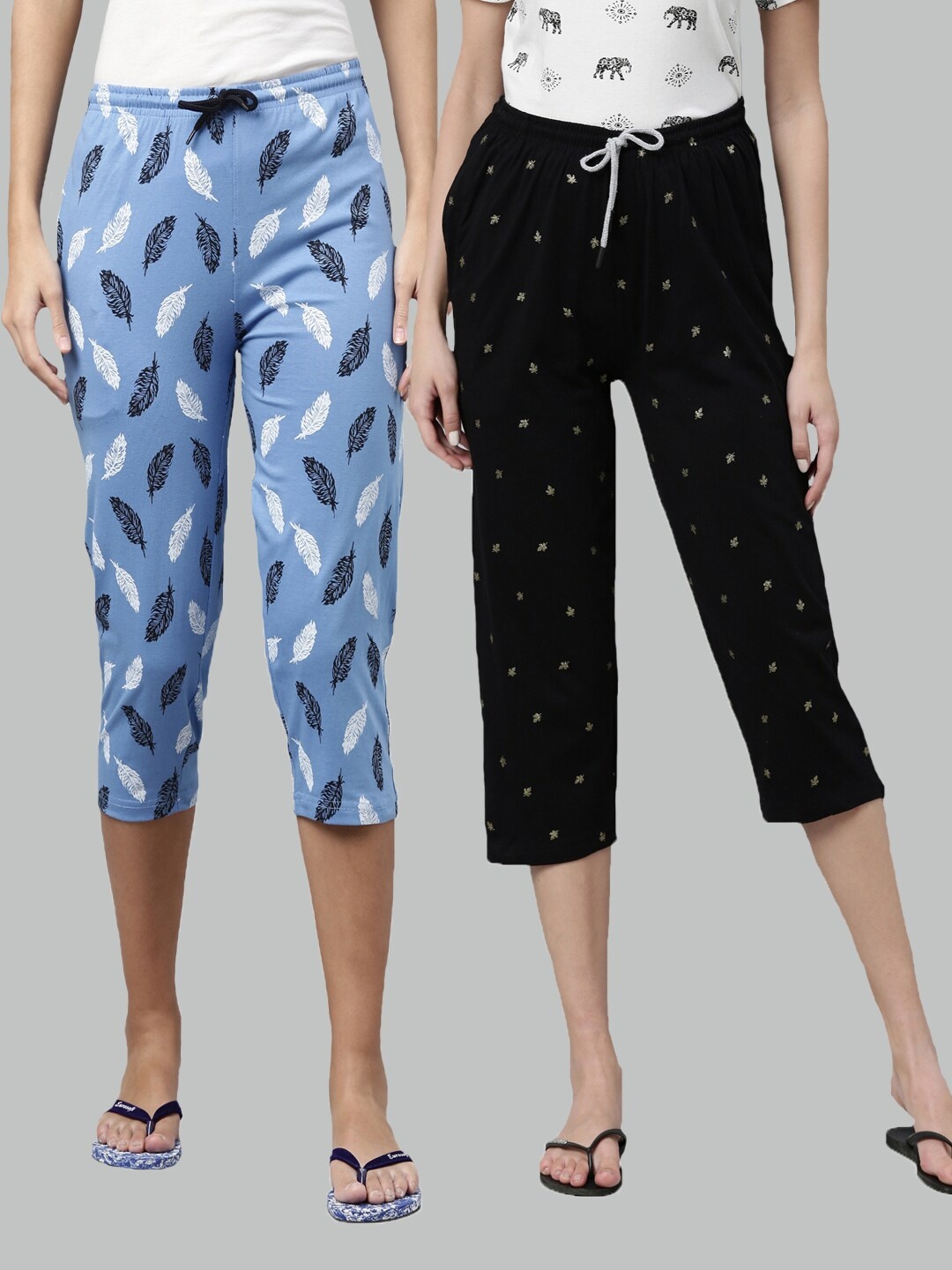 

Kryptic Women Blue & Black Set Of 2 Pure Cotton Printed Capris