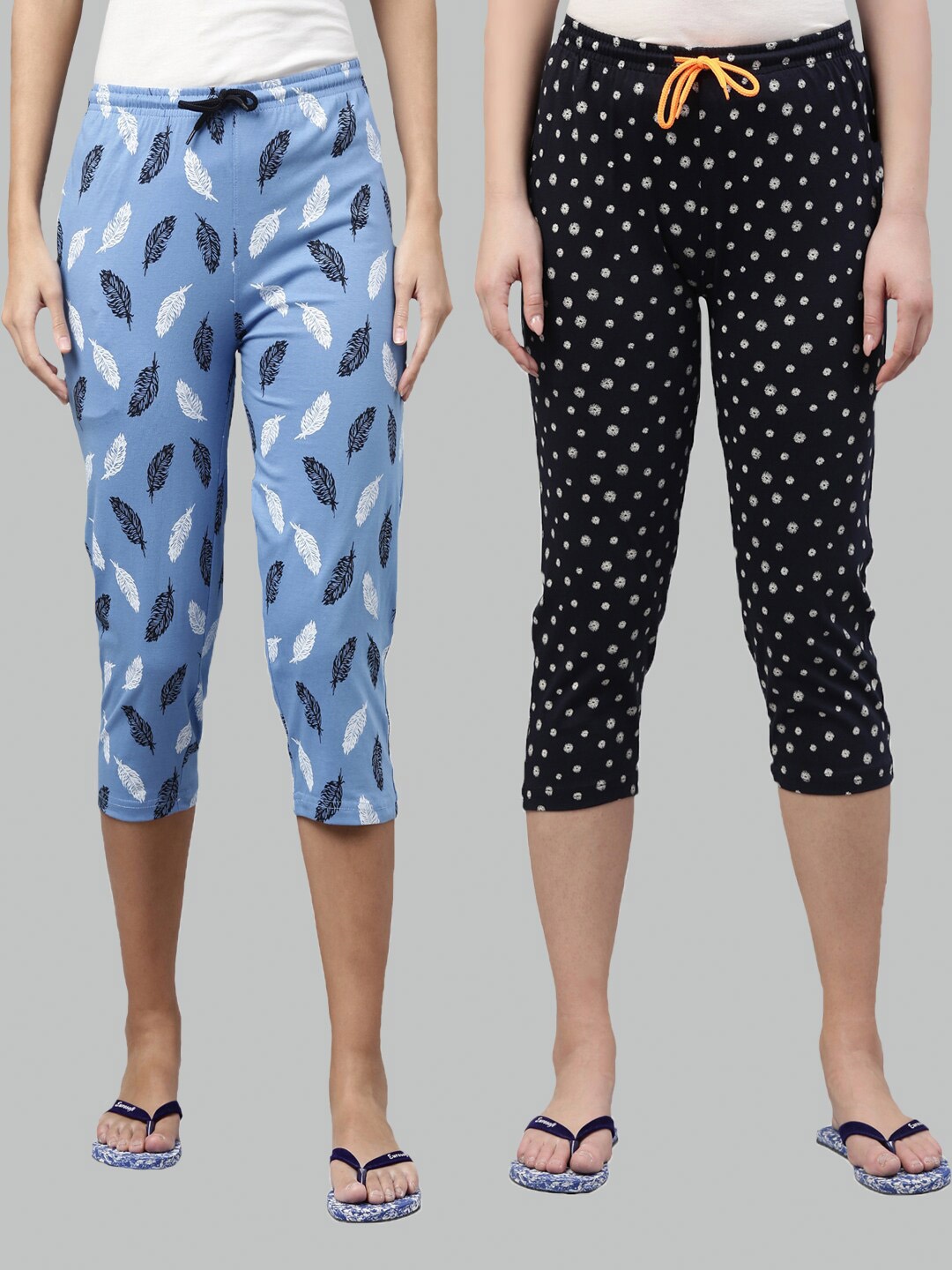 

Kryptic Women Blue & White Set of 2 Printed Cotton Capris