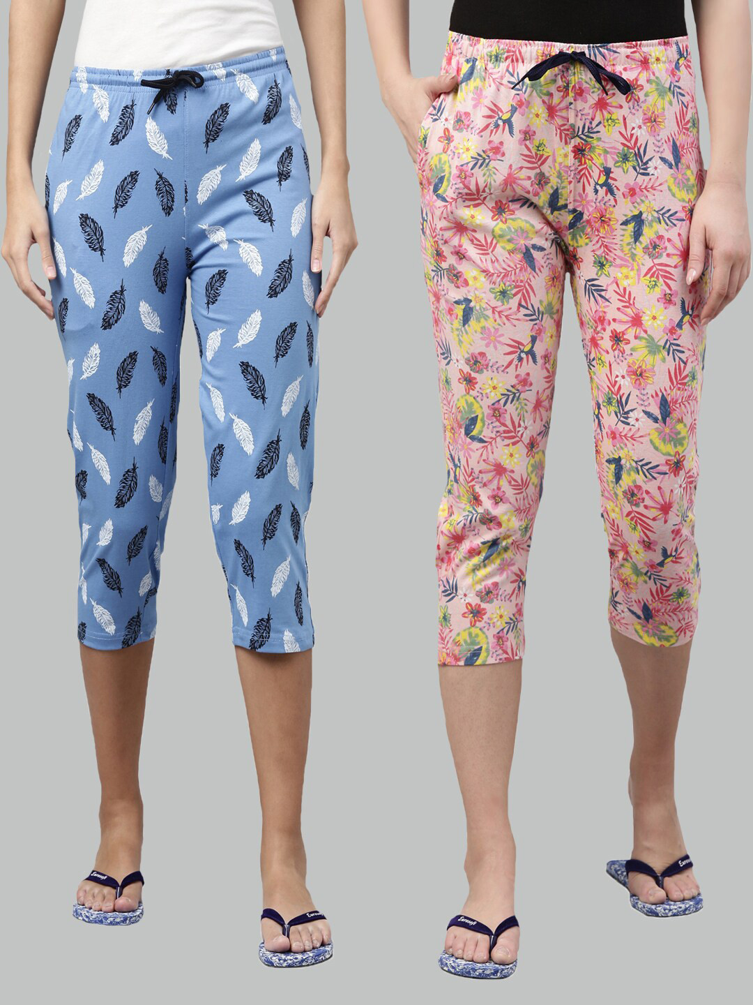 

Kryptic Women Blue & Pink Set of 2 Printed Cotton Capris