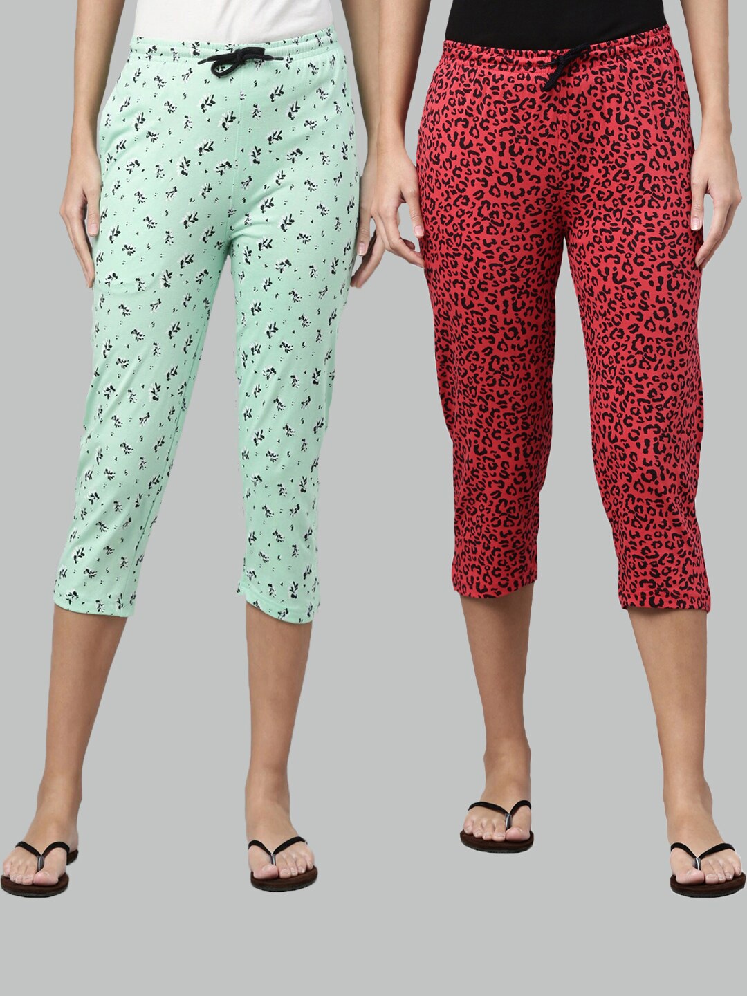 

Kryptic Women Pack Of 2 Green & Red Printed Cotton Capris