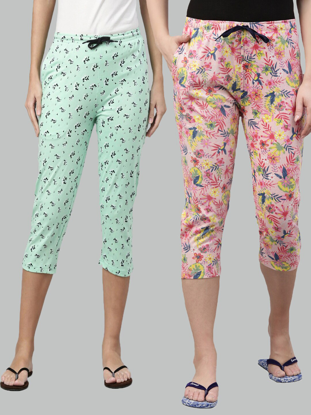 

Kryptic Women Set Of 2 Green & Pink Slim Fit Printed Cotton Capris