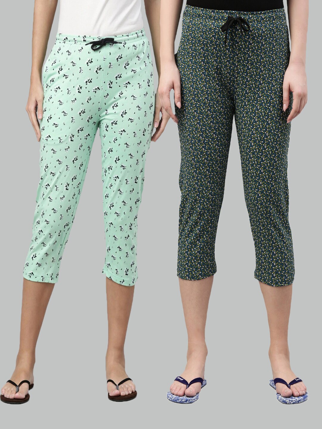 

Kryptic Women Green & White Pack Of 2 Pure Cotton Printed Capris