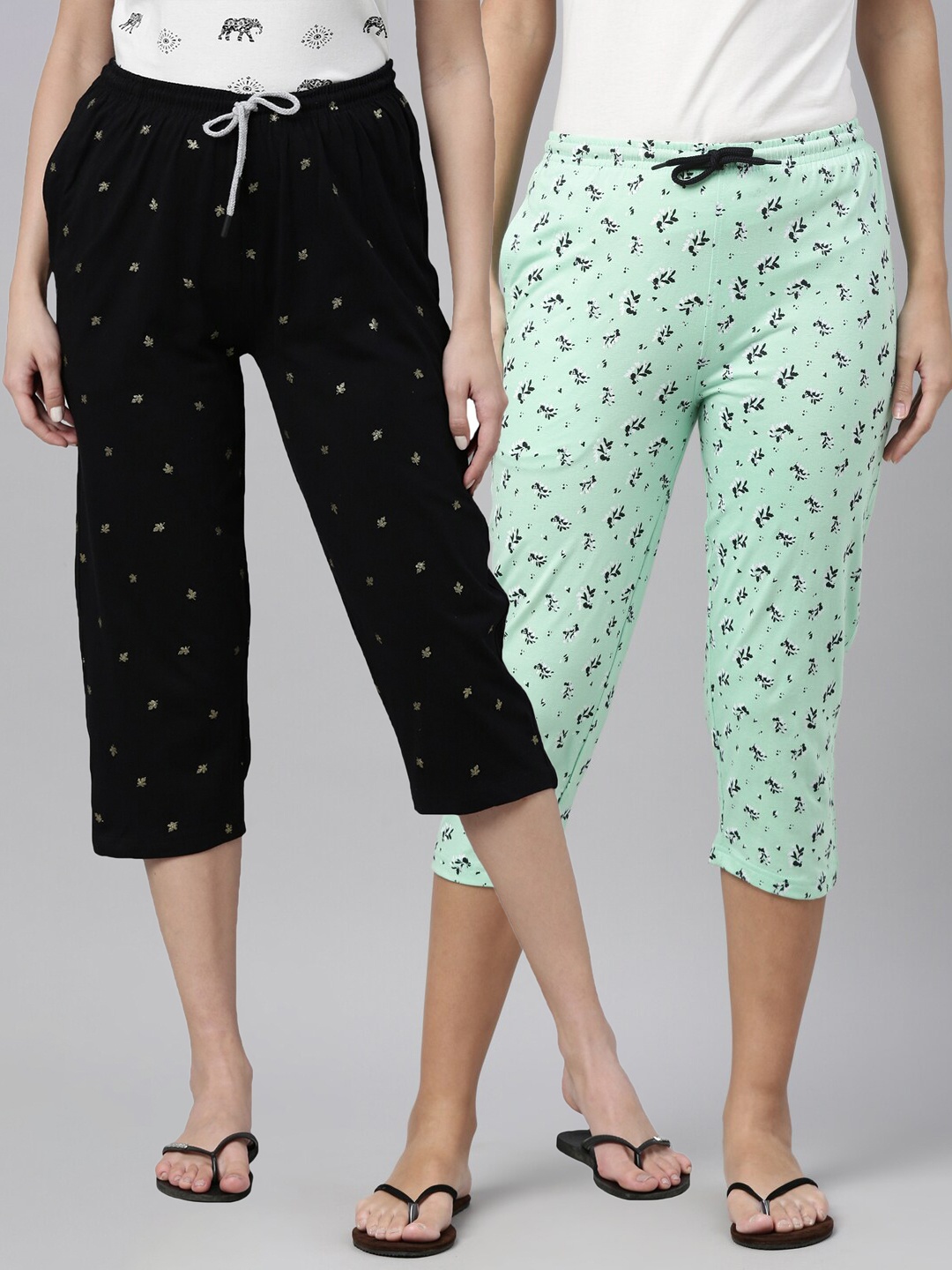 

Kryptic Women Pack of 2 Green & Black Printed Cotton Capris