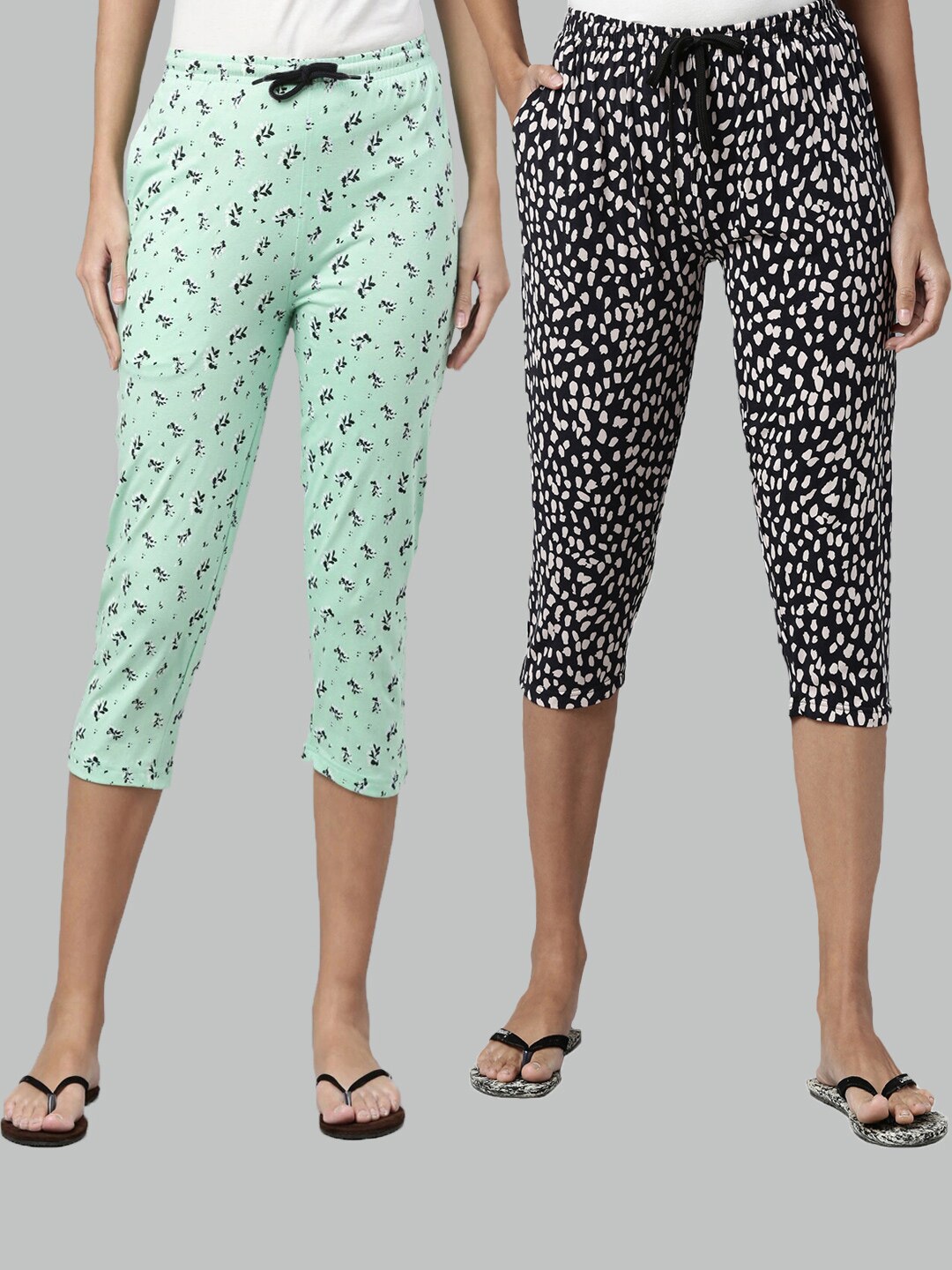 

Kryptic Women Sea Green & Black Set of 2 Printed Cotton Capris