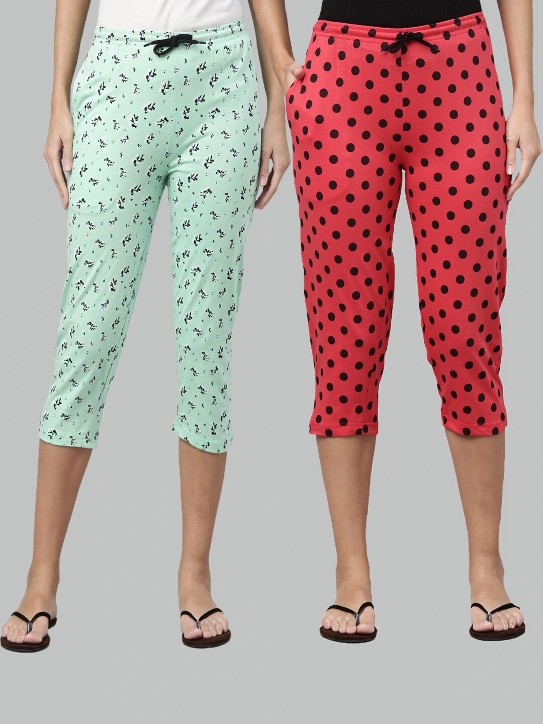 

Kryptic Women Green & Fuchsia Set Of 2 Pure Cotton Printed Capris