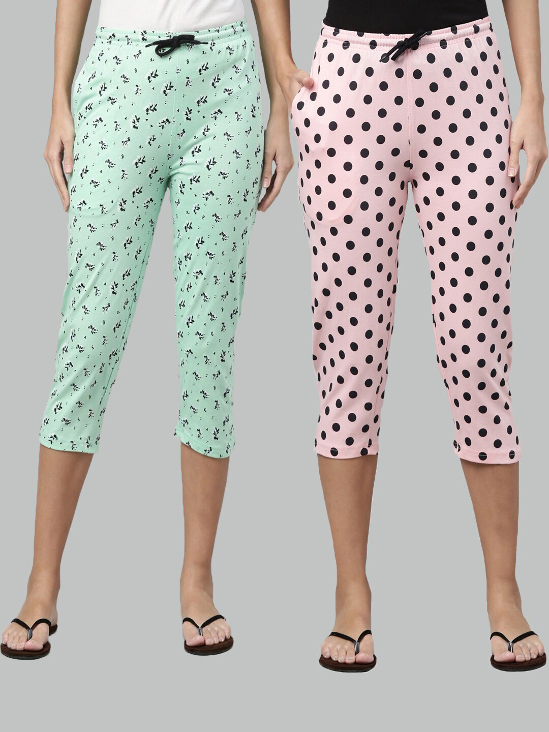 

Kryptic Women Pack of 2 Sea Green & Pink Printed Pure Cotton Capris