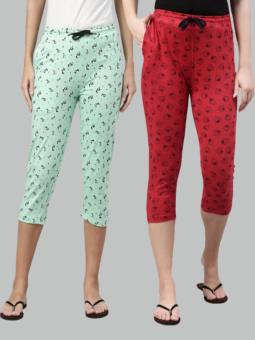 

Kryptic Women Green & Red Pack of 2 Printed Cotton Capris