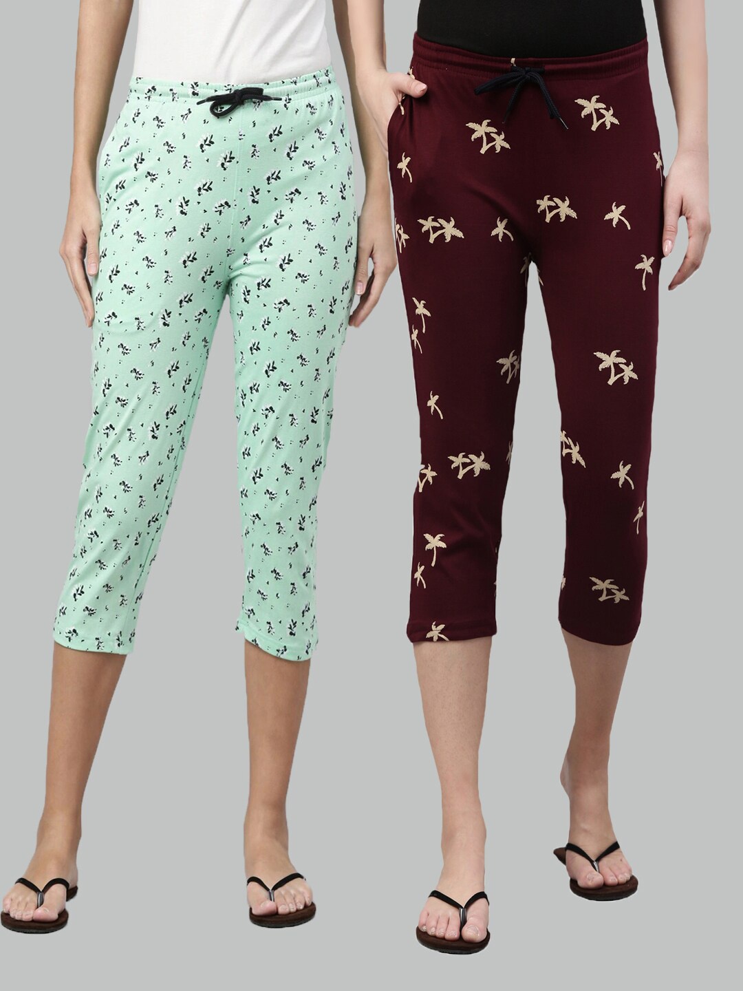 

Kryptic Women Pack of 2 Green & Maroon Printed Capris