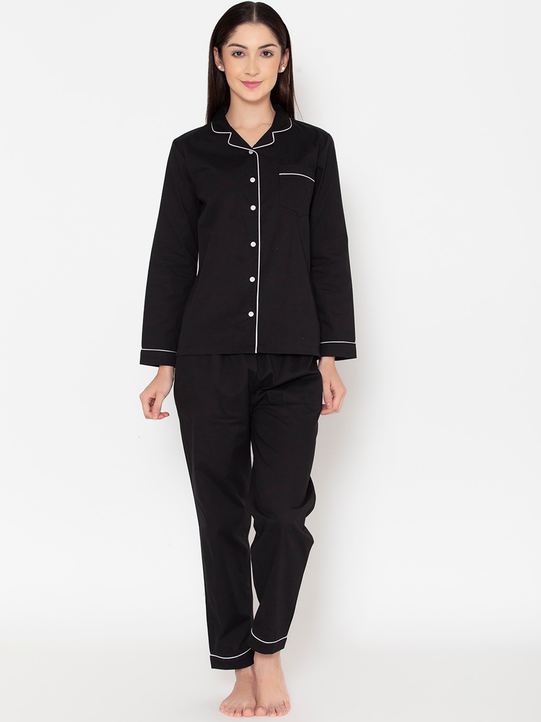

Fluffalump Women Black & White Solid Pure Cotton Night suit