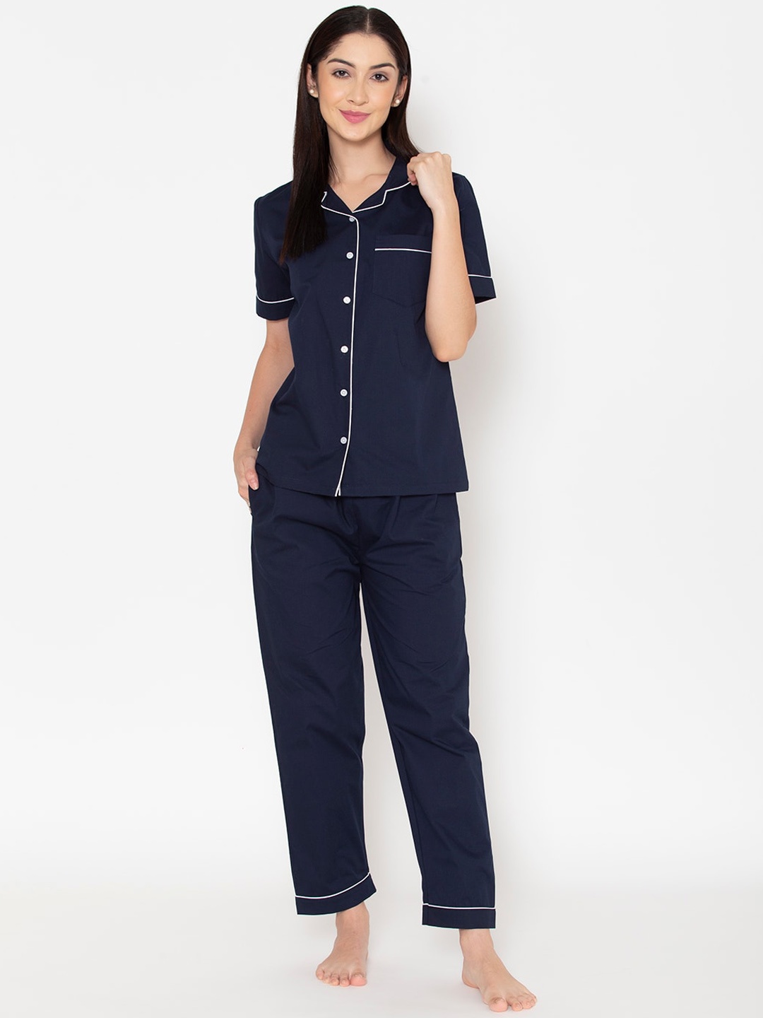 

Fluffalump Women Navy Blue & White Pure Cotton Night suit