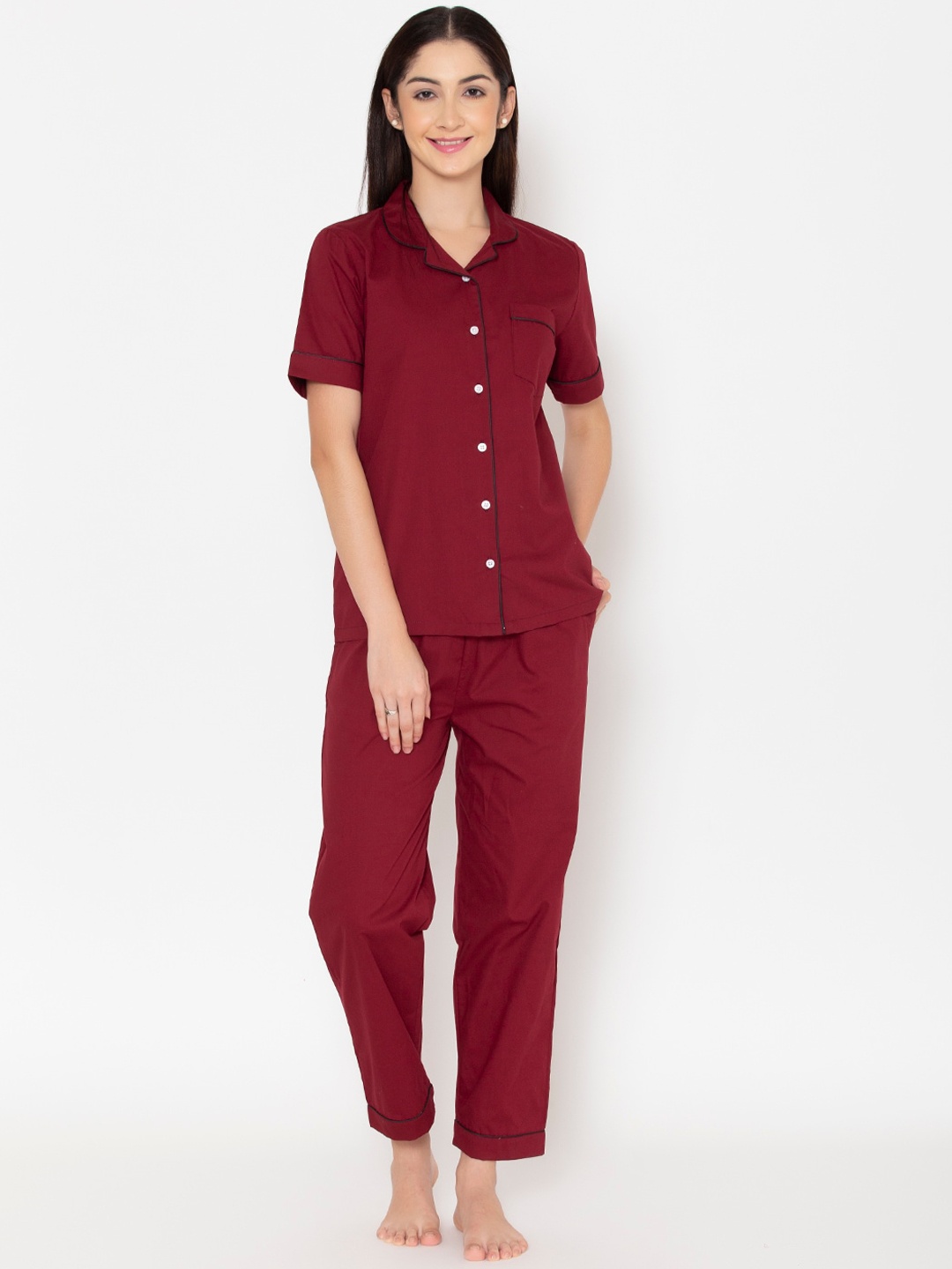 

Fluffalump Women Red Solid Cotton Night suit