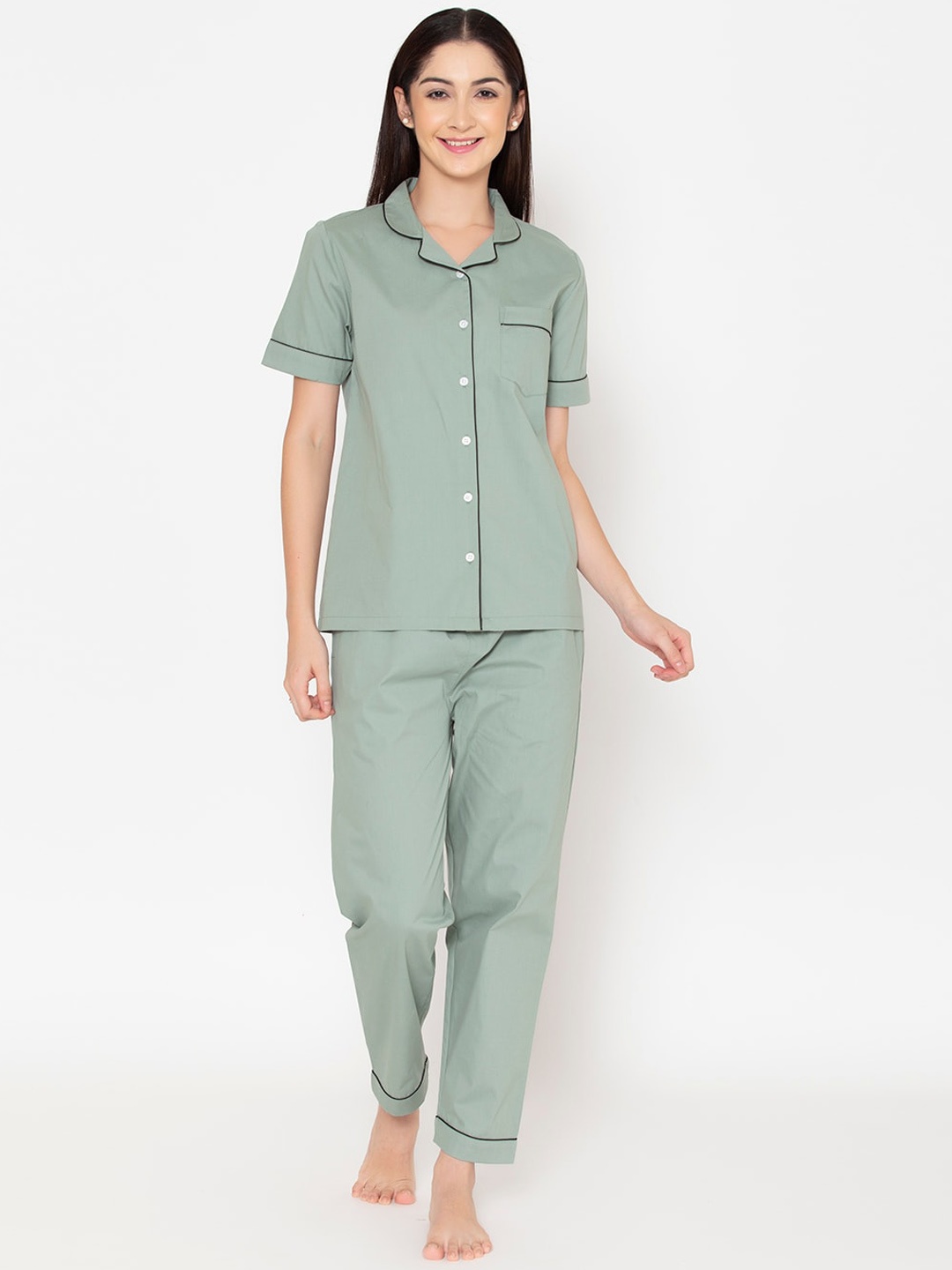 

Fluffalump Women Sea Green & Black Printed Pure Cotton Night suit