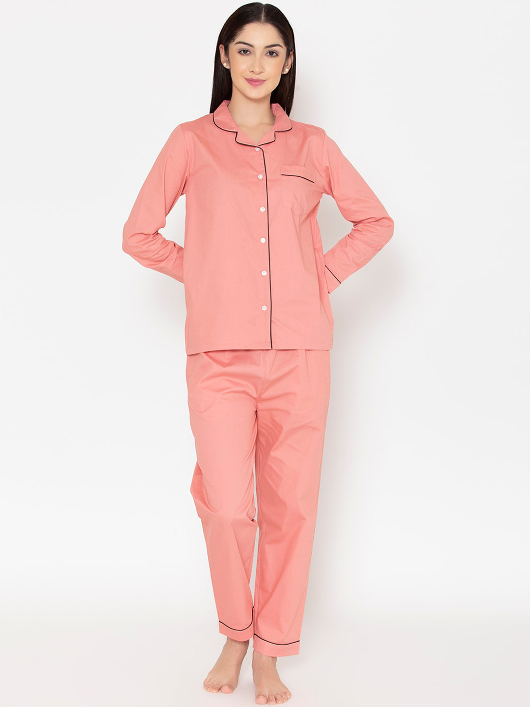

Fluffalump Women Coral & Black Cotton Night suit