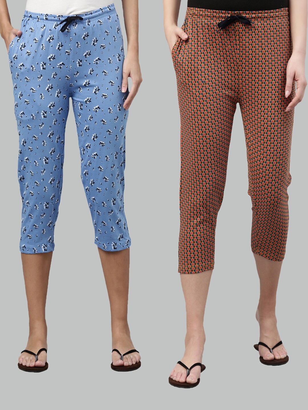 

Kryptic Women Blue & Mustard Pack of 2 Printed Cotton Capris