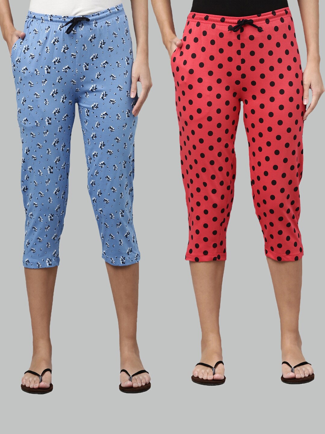 

Kryptic Women Set Of 2 Blue & Fuchsia Pink Slim Fit Printed Cotton Capris