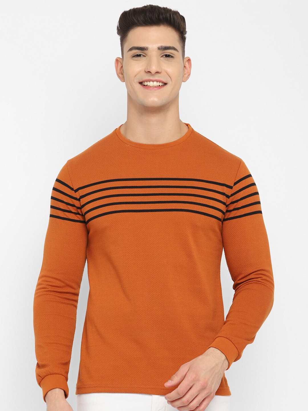 

Alan Jones Men Orange Striped Slim Fit T-shirt