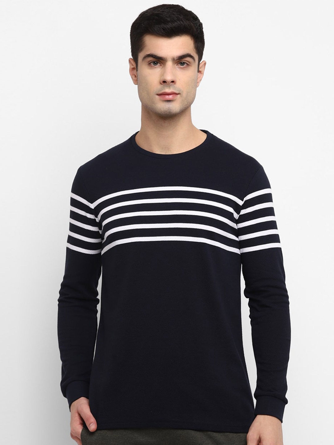 

Alan Jones Men Navy Blue Striped Slim Fit T-shirt