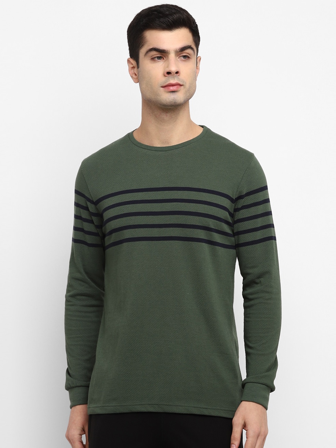 

Alan Jones Men Olive Green Striped Slim Fit T-shirt