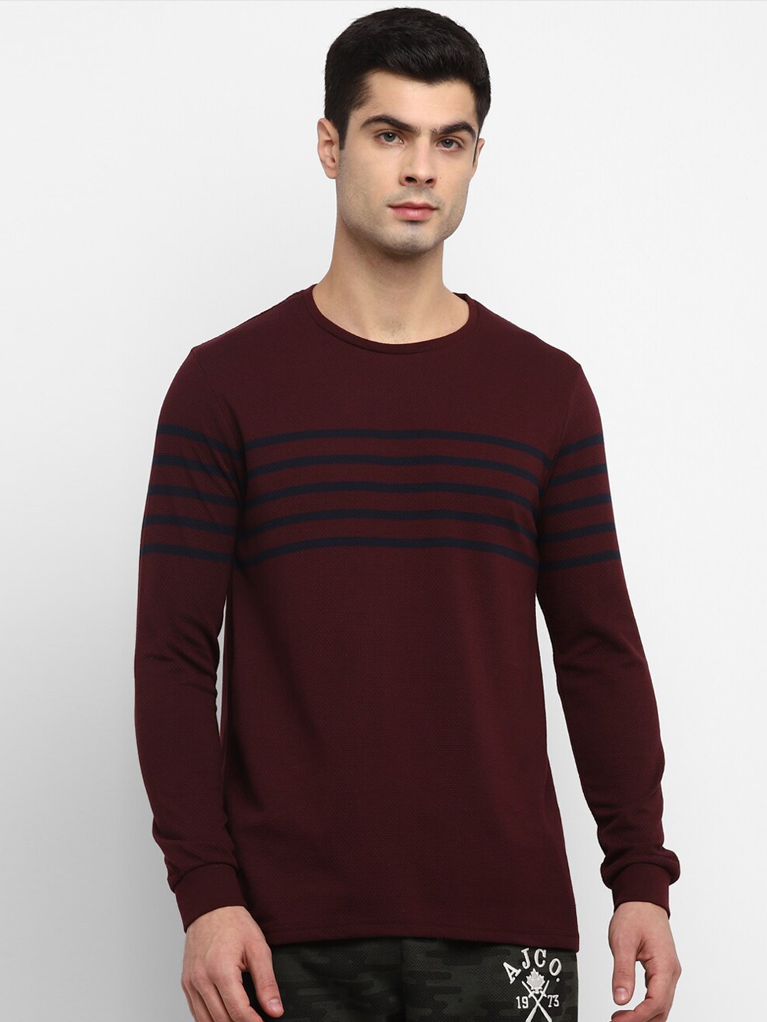 

Alan Jones Men Maroon Striped Slim Fit T-shirt