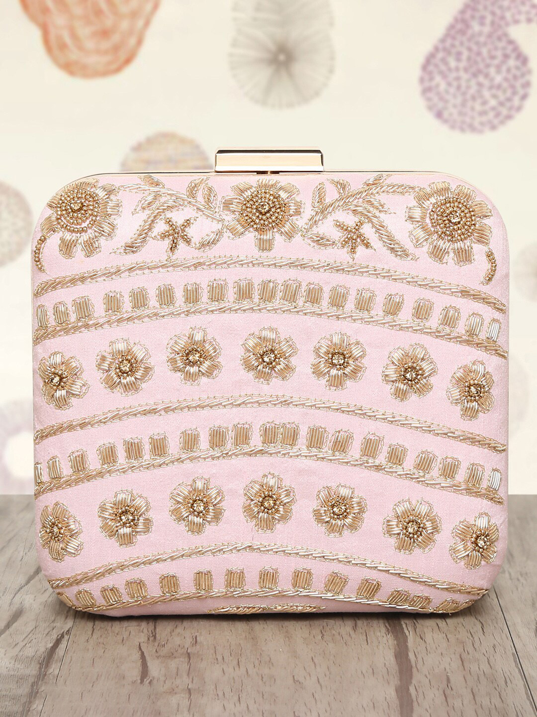 

Peora Pink & Gold-Toned Embellished Purse Clutch