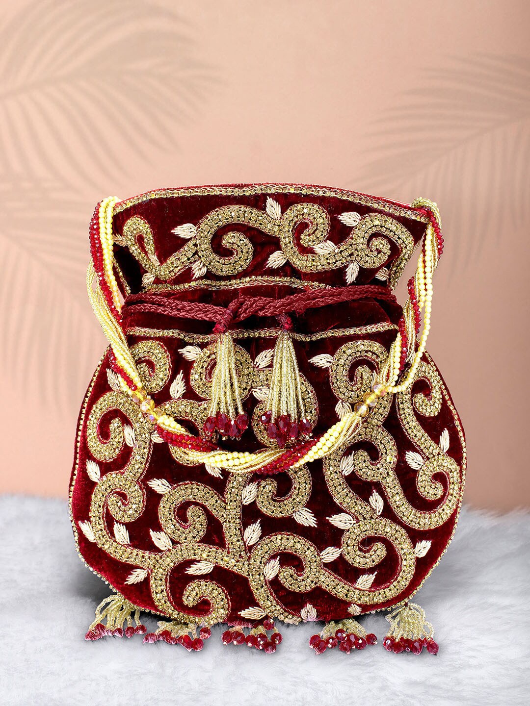 

Peora Maroon & Gold-Toned Embroidered Potli Clutch