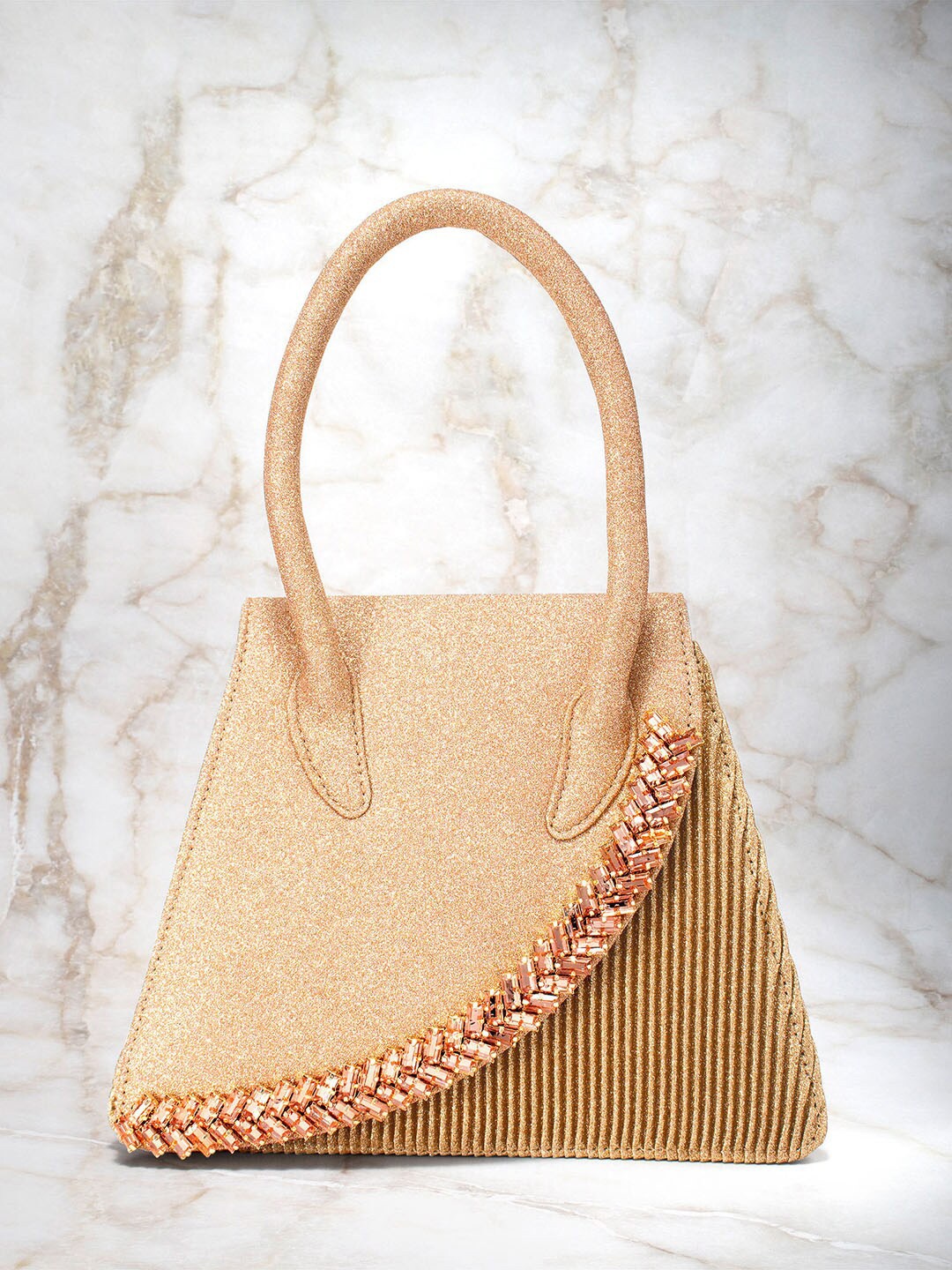 

Peora Rose Gold Embellished Structured Handheld Bag