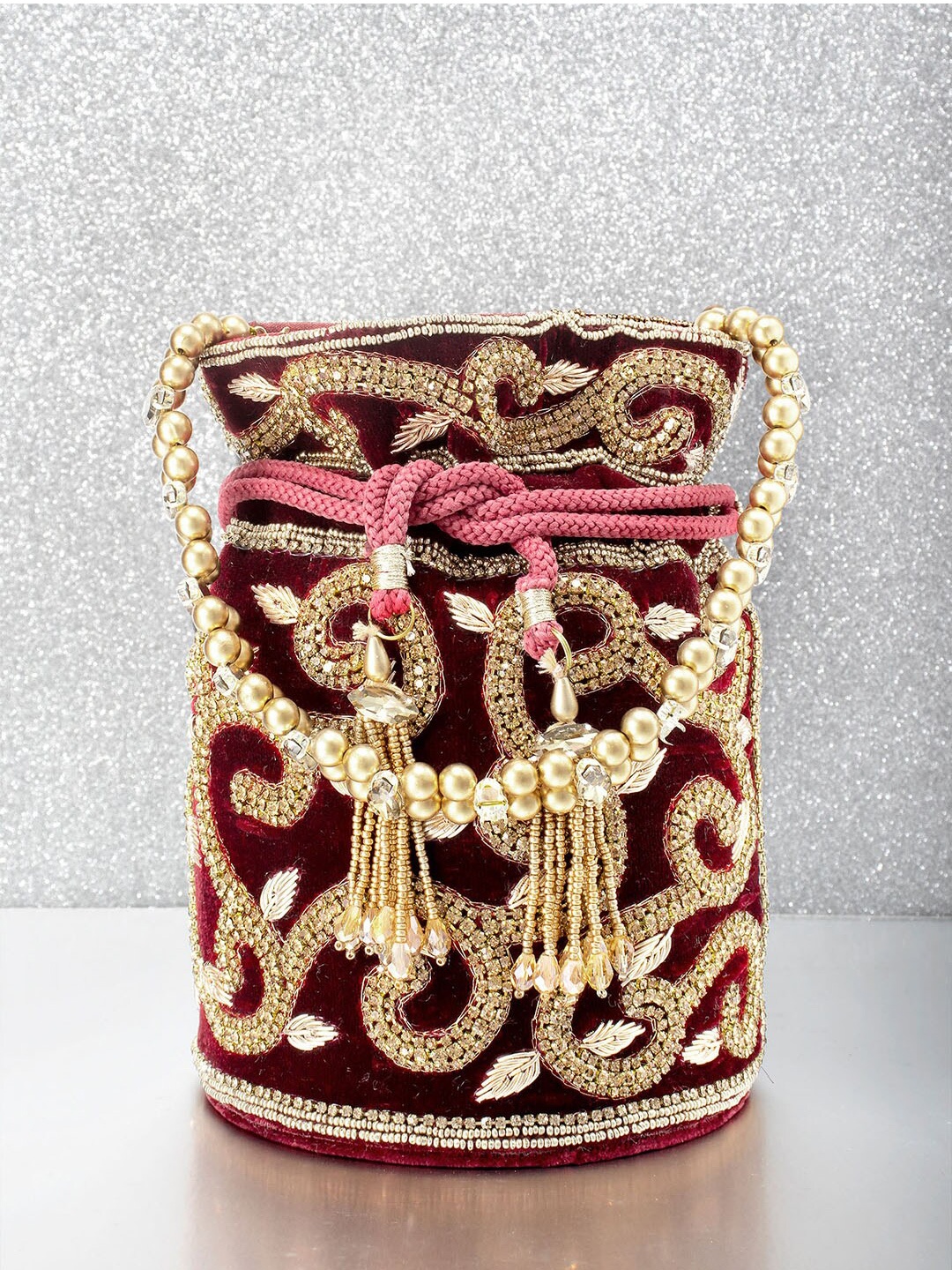 

Peora Maroon & Gold-Toned Embroidered Potli Clutch