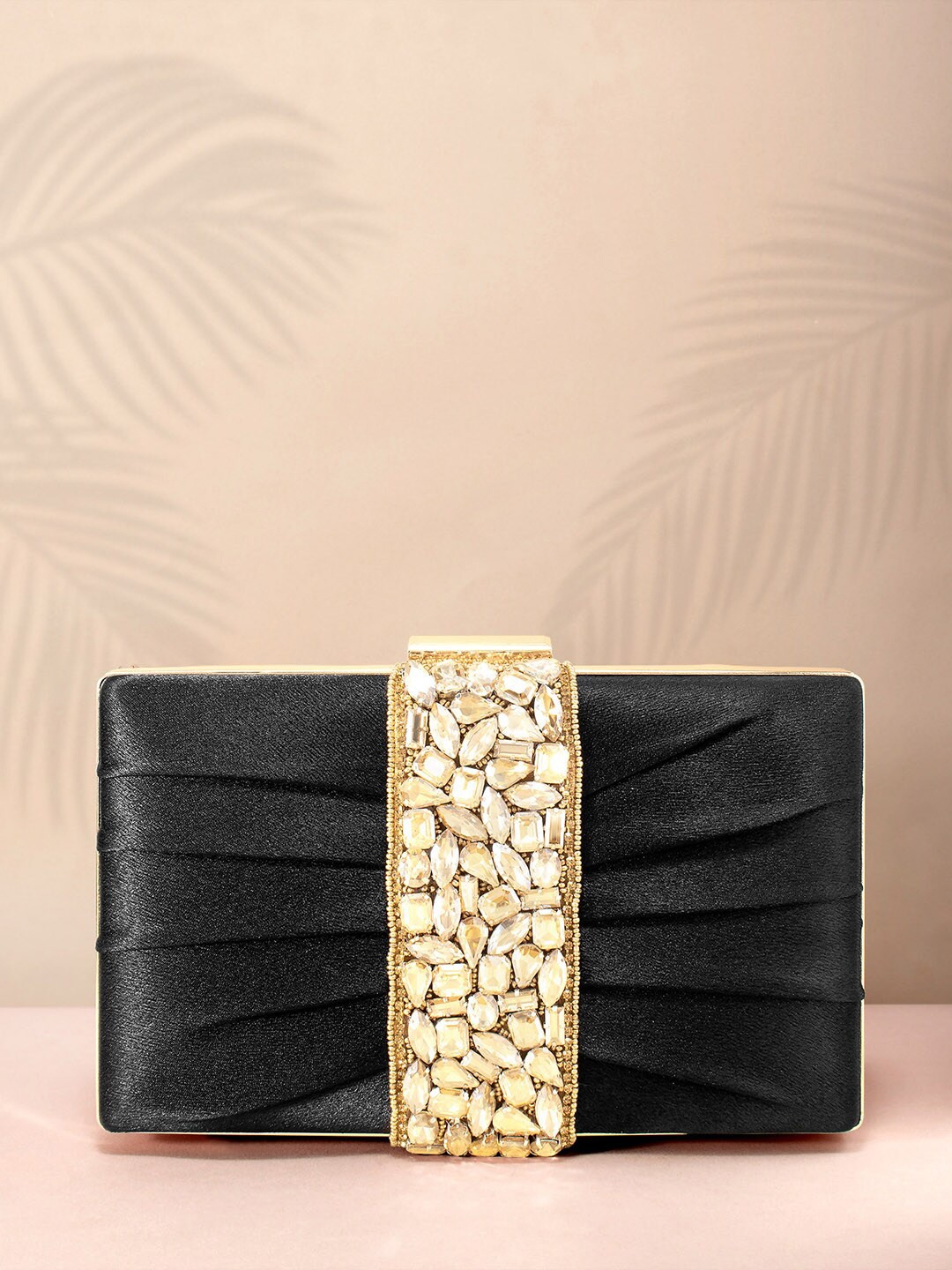 

Peora Black & Gold-Toned Embellished Box Clutch
