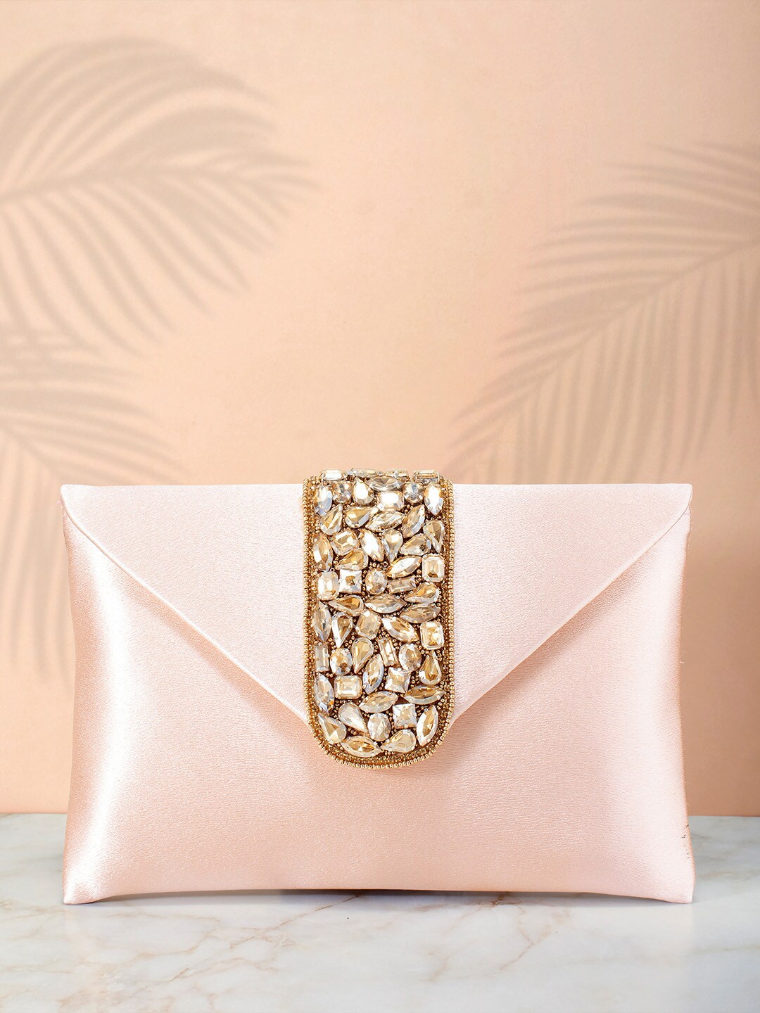 

Peora Peach-Coloured & Gold-Toned Embellished Envelope Clutch