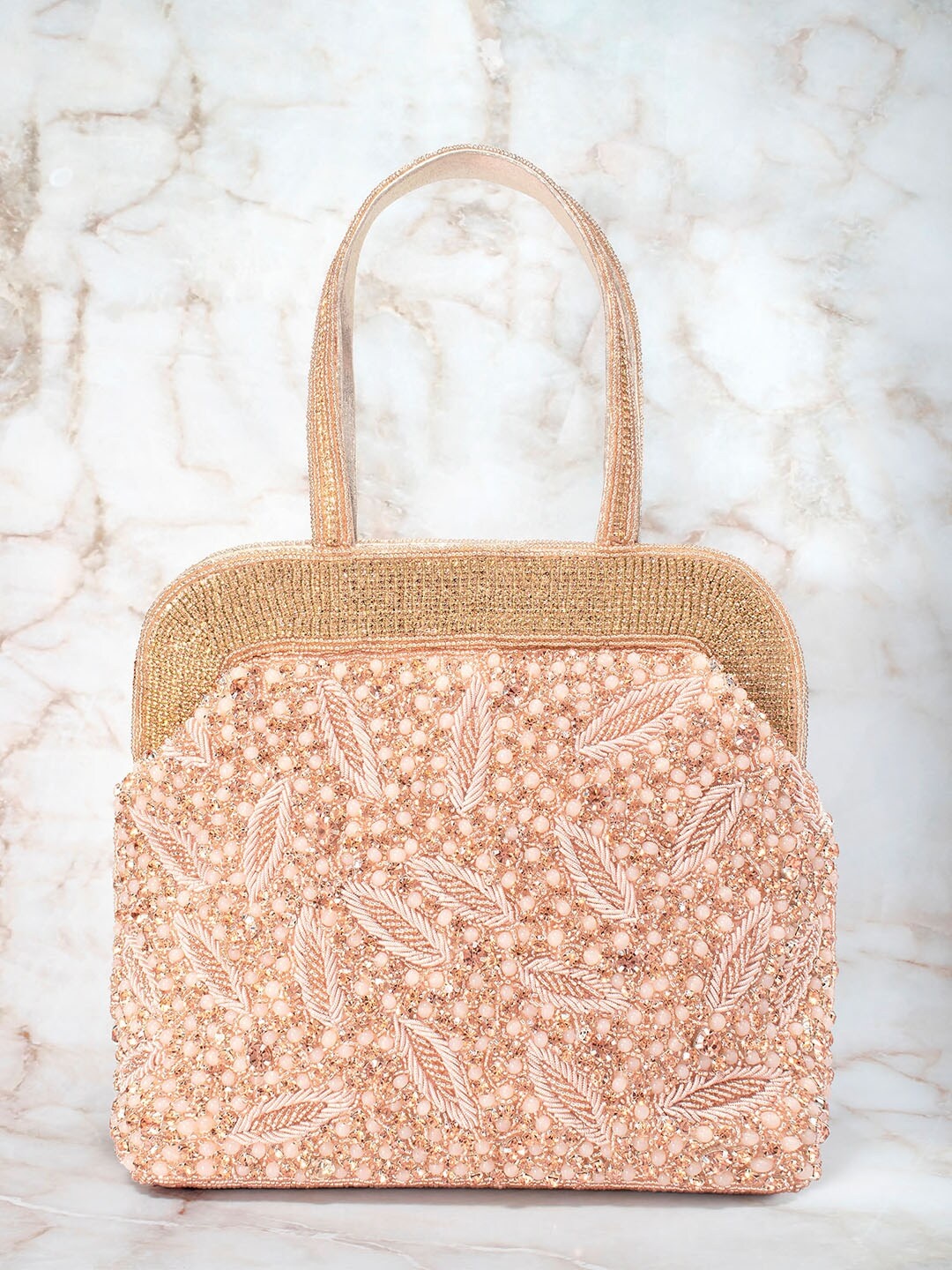 

Peora Rose Gold Embellished Handheld Bag