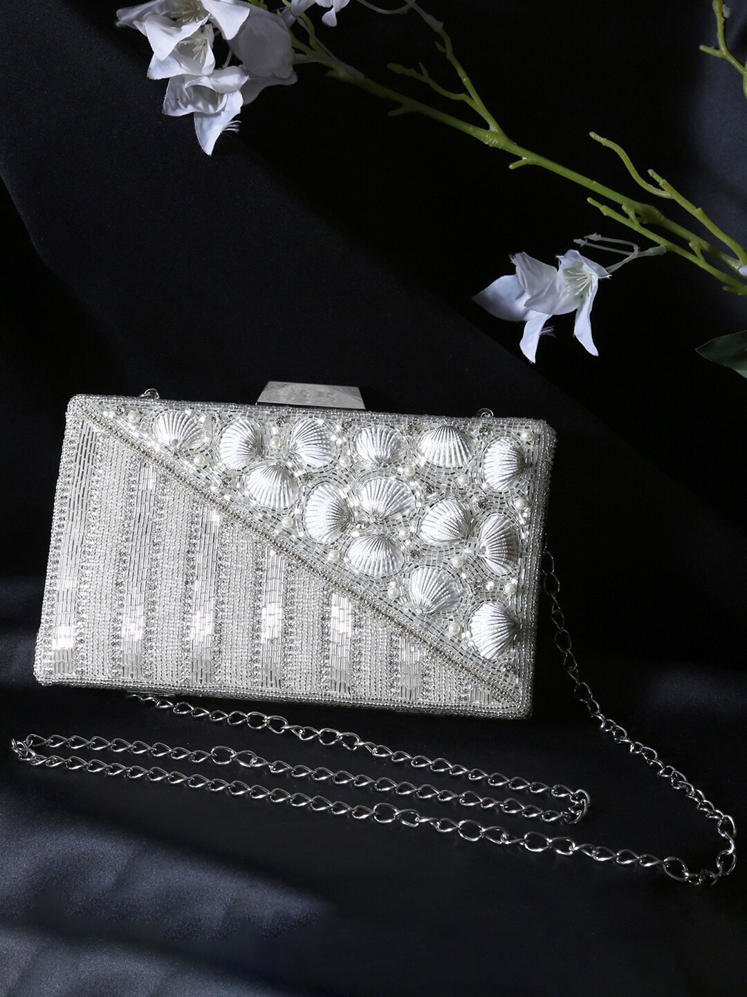 

Peora White Embellished Handmade Box Clutch