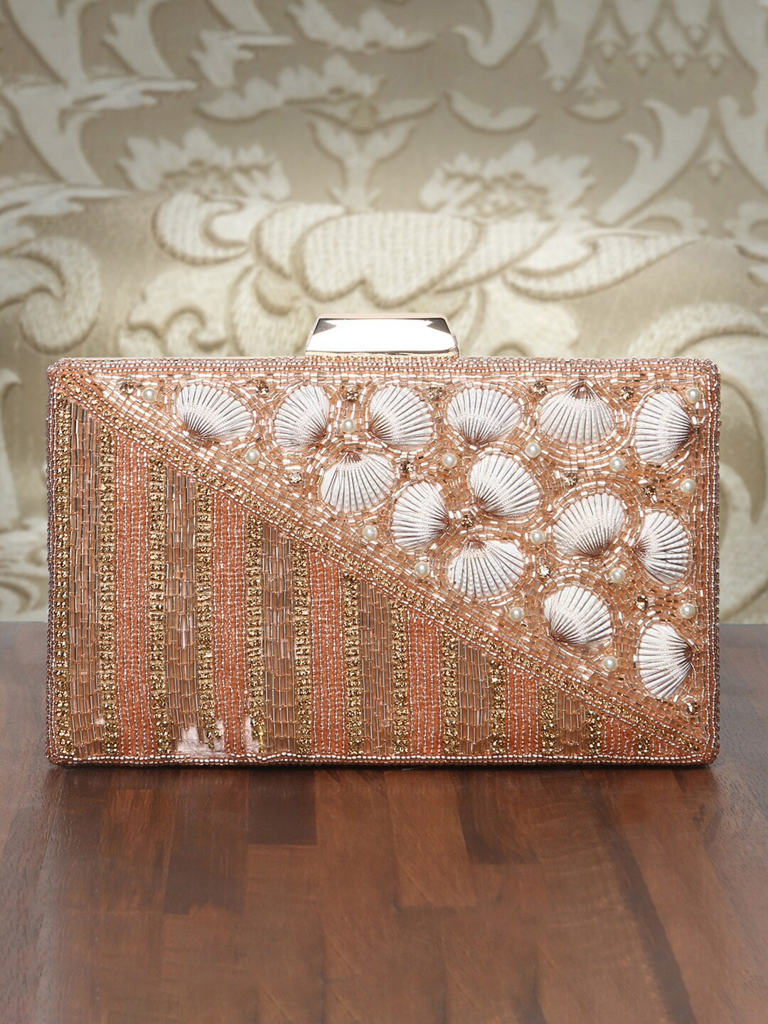 

Peora Rose Gold & White Embroidered Box Clutch