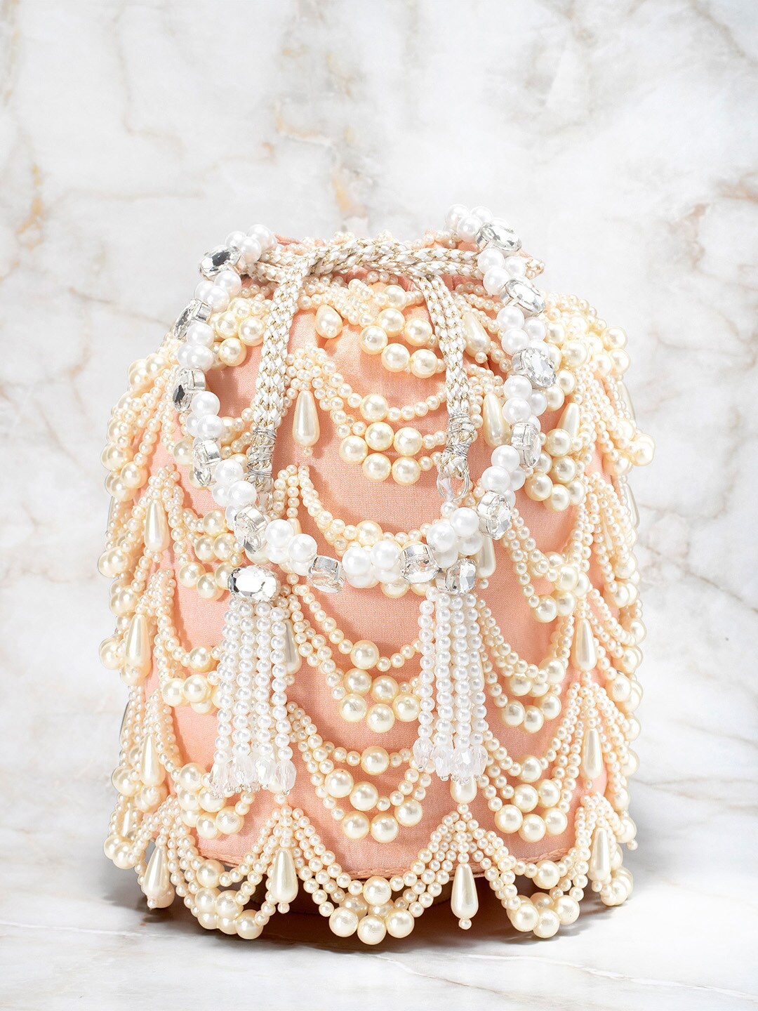 

Peora Peach-Coloured & White Embellished Potli Clutch