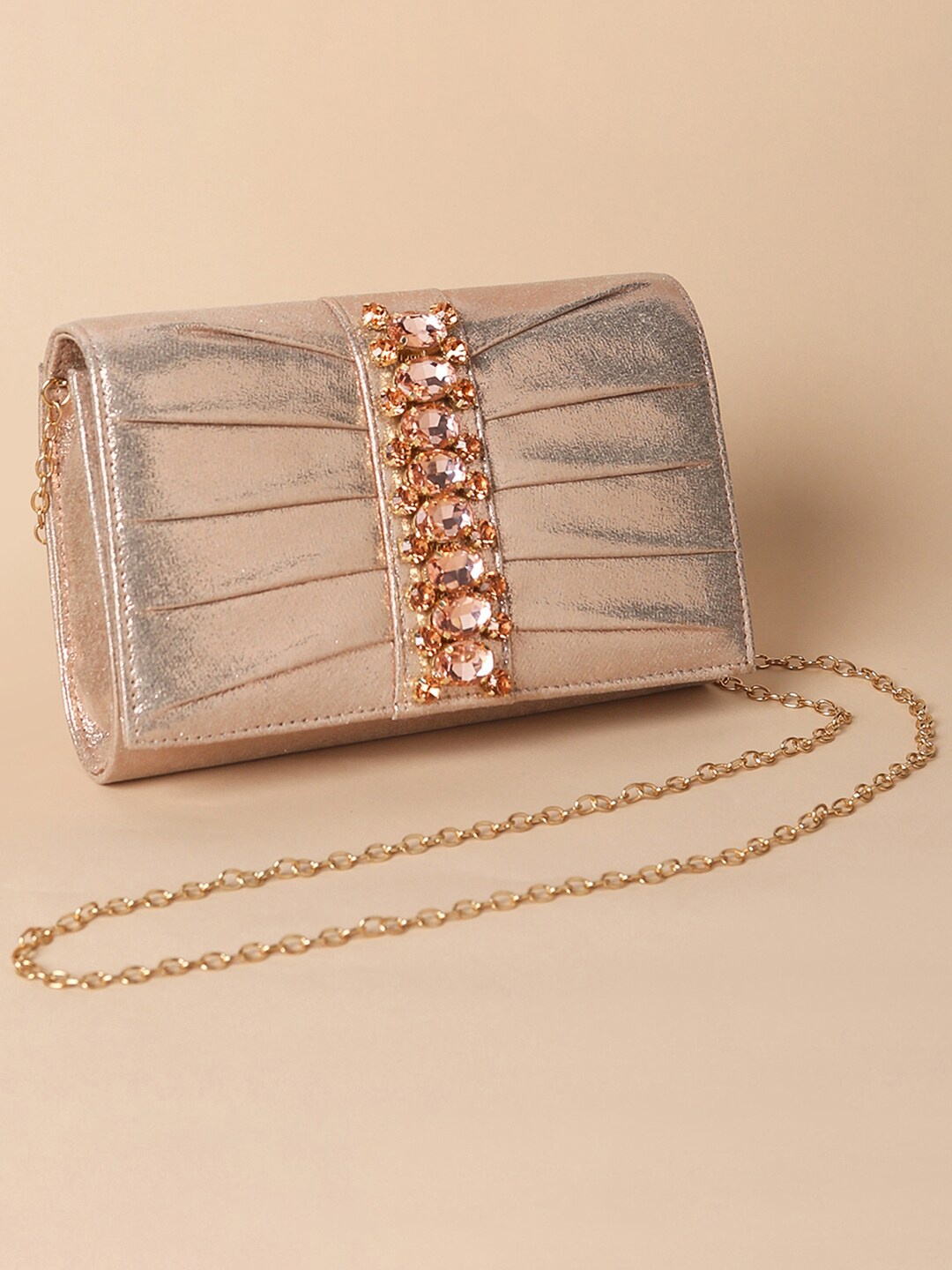 

Peora Rose Gold Embellished Embroidered Purse Clutch